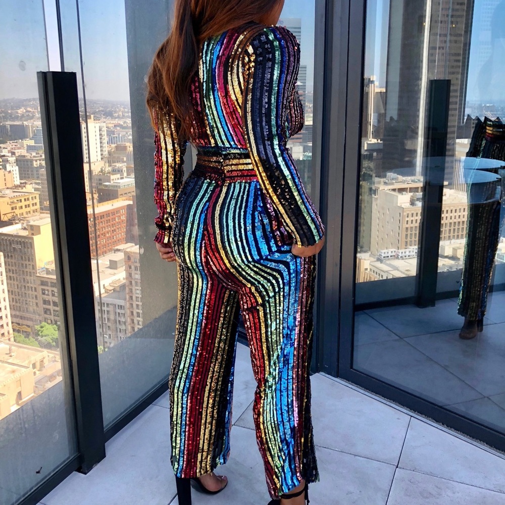 Nicole Lynel Rainbow Sequin Jumpsuit